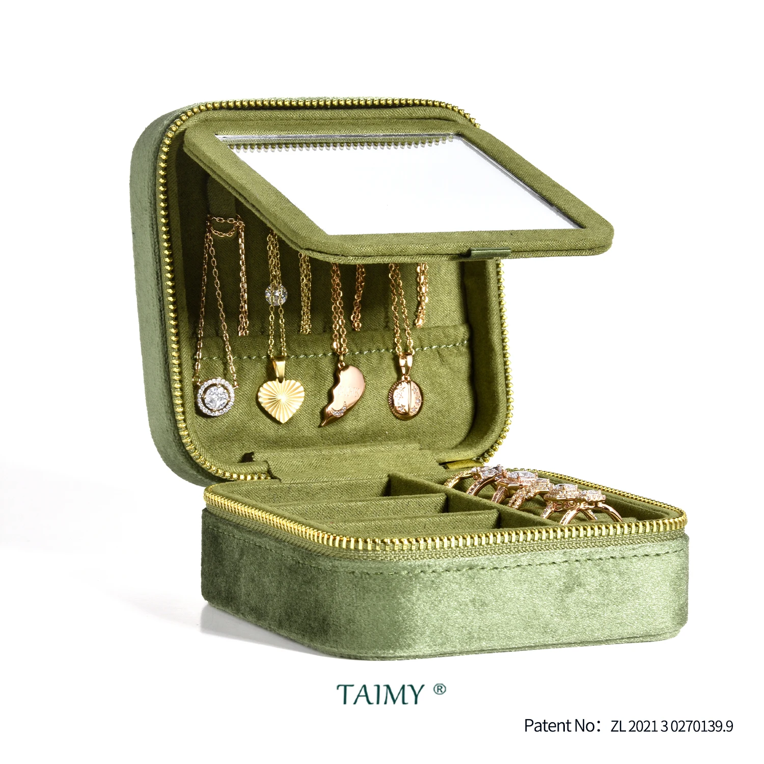 TAIMY ヴィンテージベルベットトラベルジュエリー収納リングボックスフリップミラーオーガナイザーサポートロゴカスタムレトログリーンジュエリーボックス