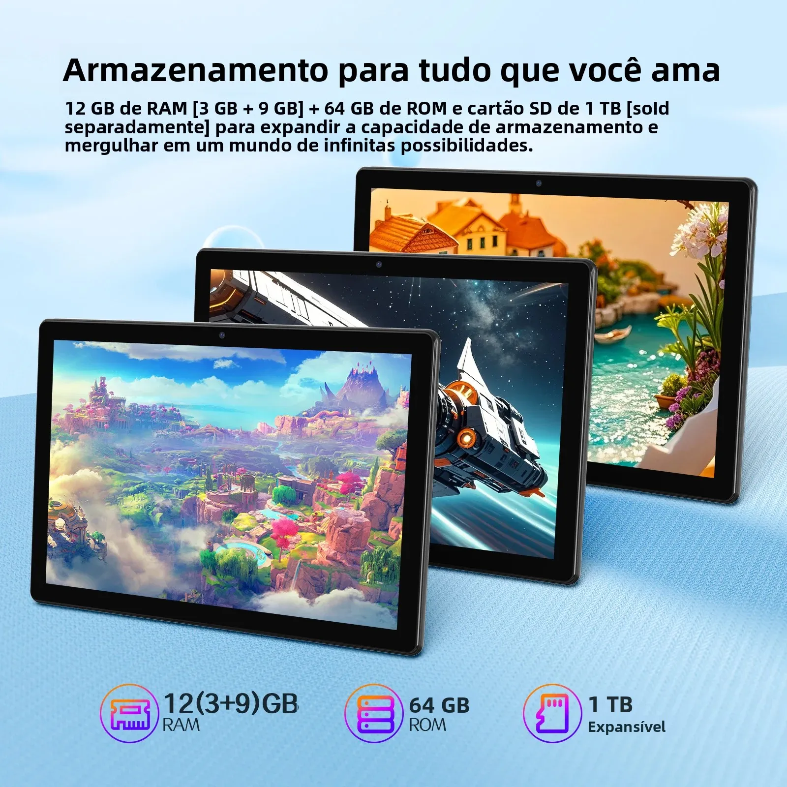 Tablet BAKEN de 10 polegadas com slot para cartão SIM, Android 15, Wi-Fi, GPS, Bluetooth, armazenamento de 64 GB, alto-falantes duplos, porta USB-C