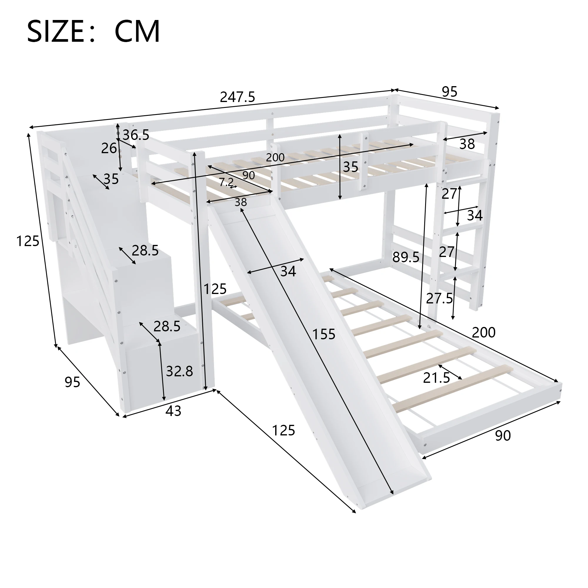 Letto per bambini, letto a castello 90x200 cm con cassetti portaoggetti, letto a castello con protezione anticaduta e scala inclinata, letto in legno massello Fram