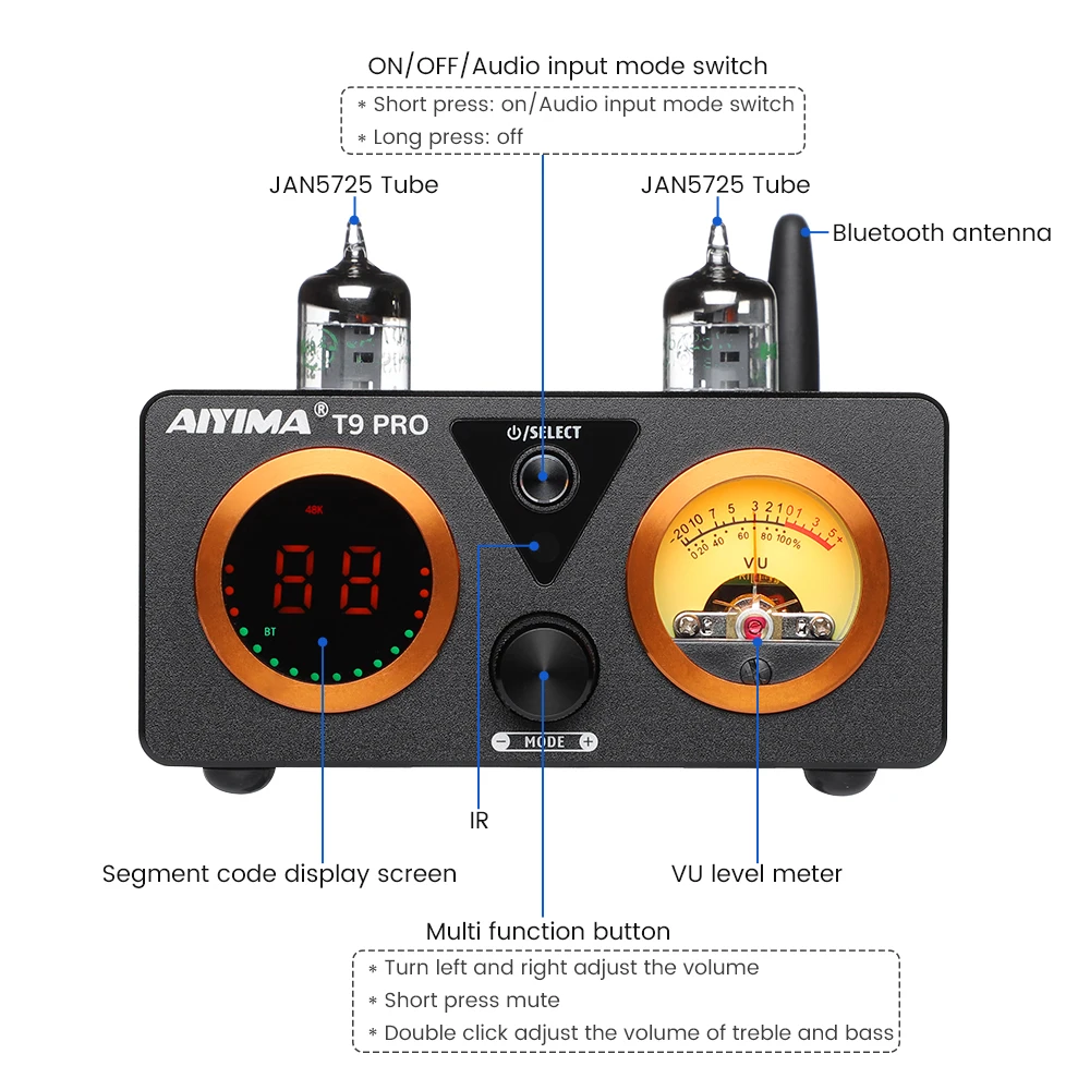 Aiyima t9 pro hifi bluetooth röhren verstärker vu meter verstärker stereo leistungs verstärker usb dac koax opt home audio amp 100 wx2