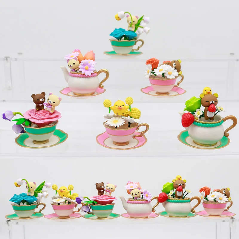 Taza de té de flores Rilakkuma, caja ciega coleccionable, accesorios de escena, figura encantadora, juguetes, adornos de mesa, regalos de cumpleaños para niños