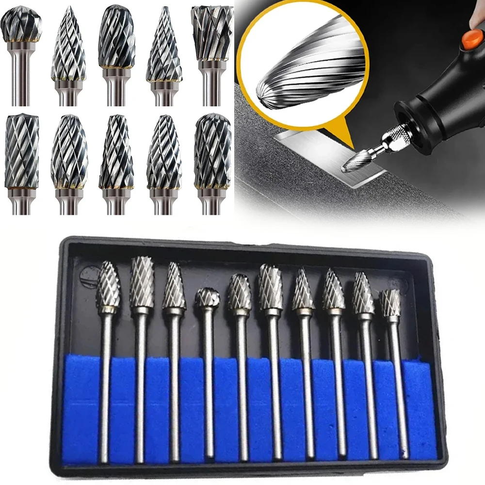 10PCS Carbide Burr Set Compatible with Dremel 1/8" Shank Die Grinder Rotary Tool Rasp Bits Wood Metal Carving Electric Grinding