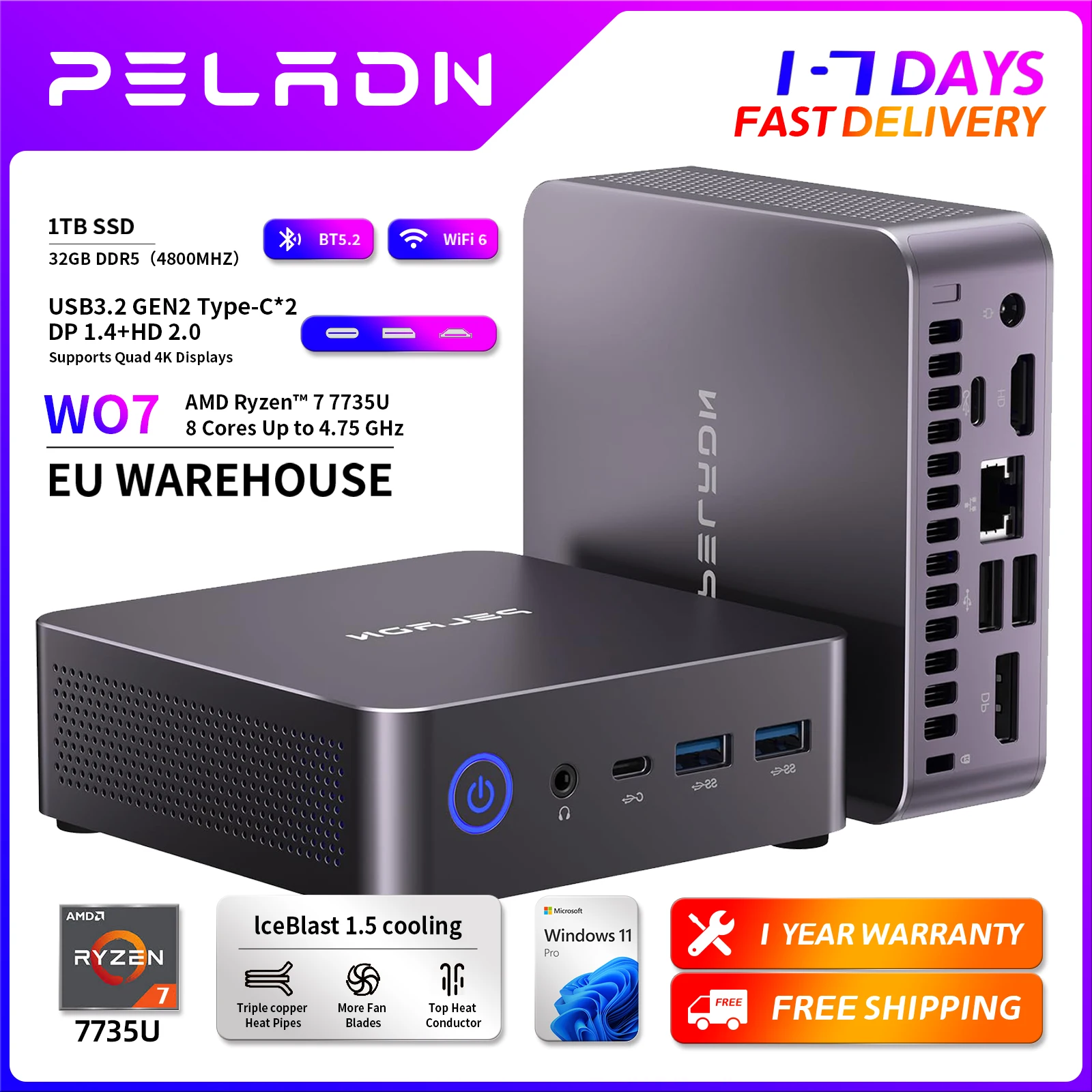 PELADN WO7 Mini-PC AMD Ryzen 7 7735U (8C/16T, bis zu 4,75 GHz) 32 GB DDR5 + 1 TB SSD WiFi6 BT5.2 Vierfach-Display-Mini-Computer