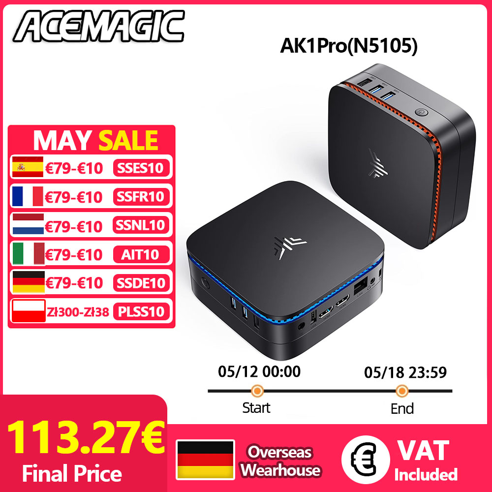 ACEMAGIC - Mini PC - Windows 11 Pro - Intel Celeron N5105 - 16 GB DDR4 512 GB M.2 SSD - 4K UHD - Bluetooth 4.2 - HDMI X 2