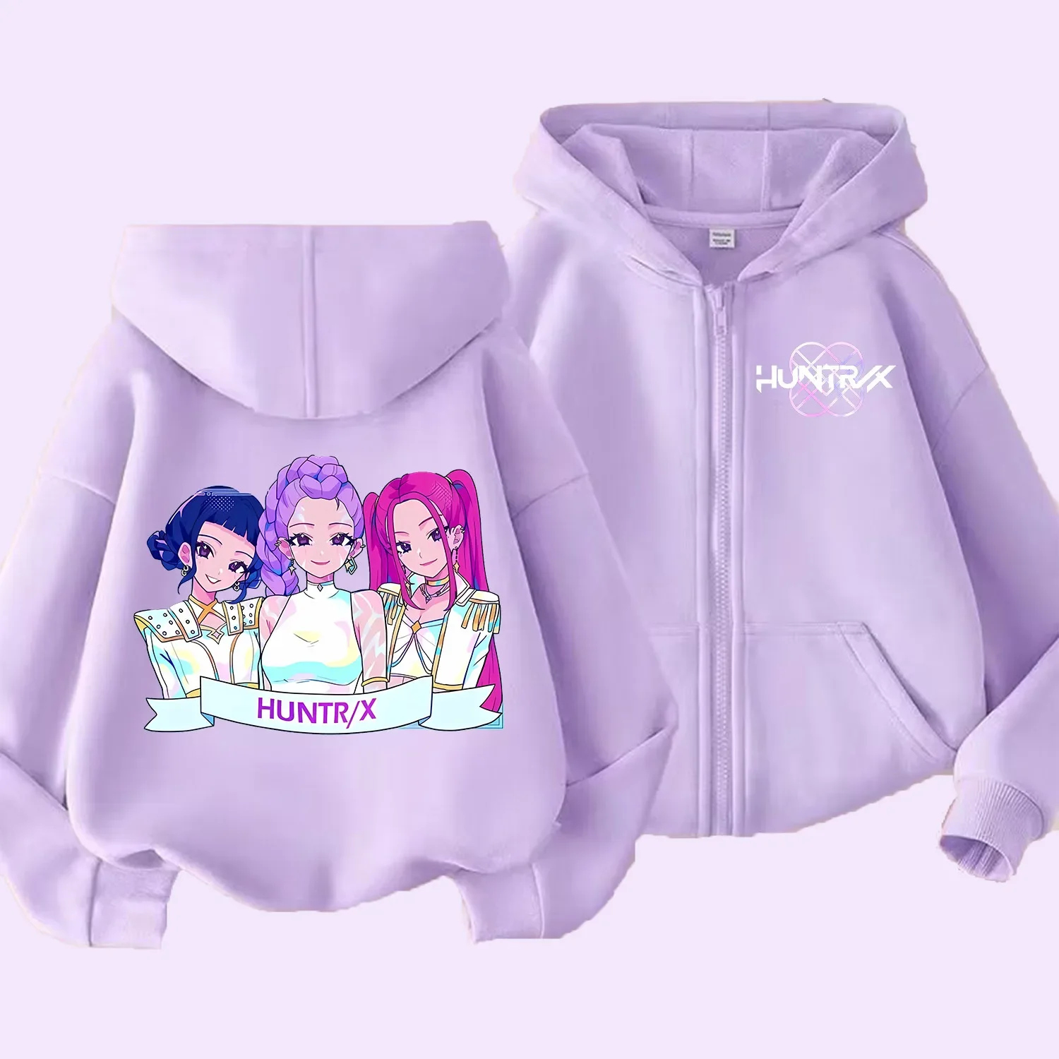 KPop Demon Hunters Sudadera con capucha con cremallera abrigo de dibujos animados para niñas ropa fina de moda chaqueta con capucha de otoño púrpura sudadera de Anime para niños regalo