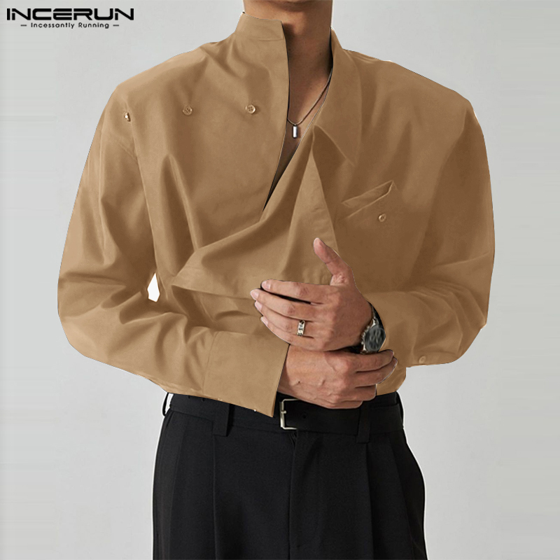 INCERUN 2023. Męska koszula nieregularna Jednolity kolor Stójka Kołnierzyk Długi rękaw Casualowa odzież męska Streetwear Moda Męskie koszule S-5XL