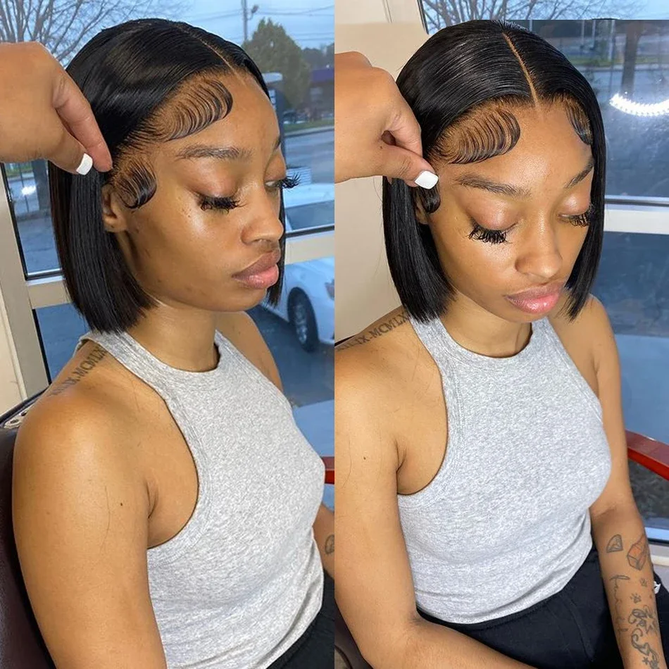 Peluca de cabello humano liso y corto de 14 pulgadas, postizo de encaje Frontal 150% transparente, corte Bob, 13x4, predesplumada