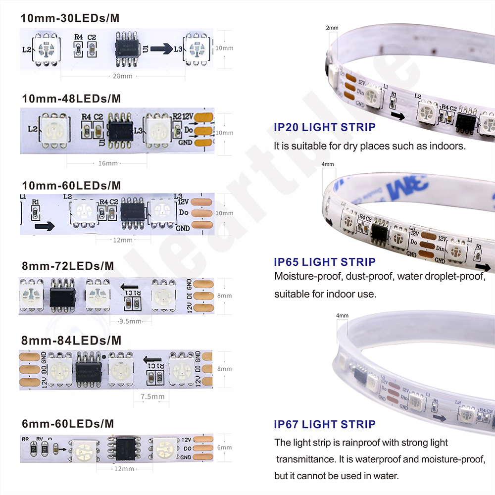 WS2811 WS2812 WS2813 WS2815 DC 5V 12V color-changing addressable and programmable LED light strips for colorful lighting