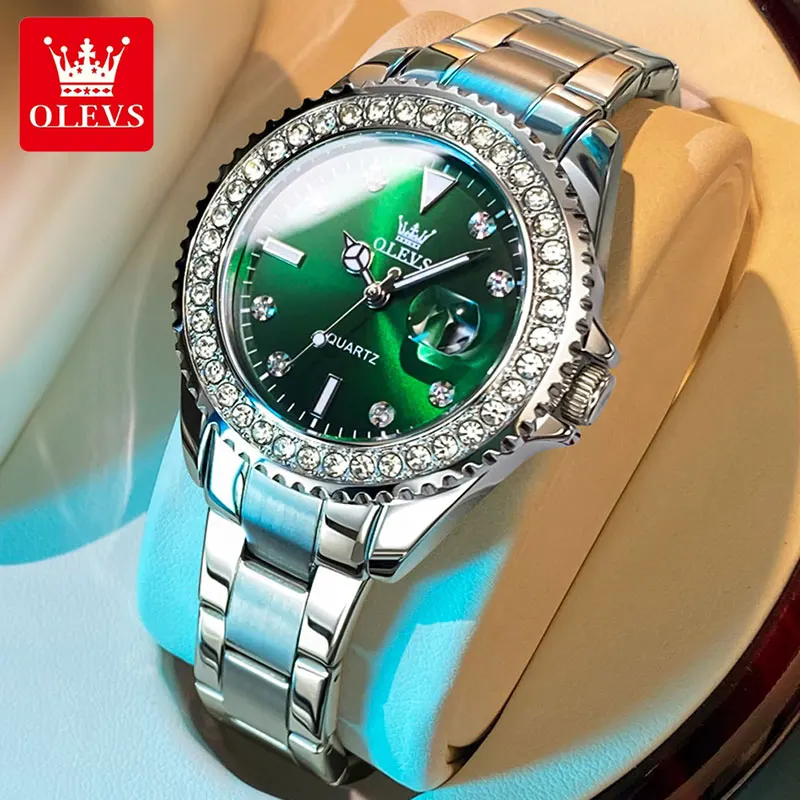OLEVS, reloj de cuarzo con esfera de diamante de lujo para mujer, relojes elegantes a la moda para mujer, reloj de pulsera resistente al agua de acero inoxidable para mujer