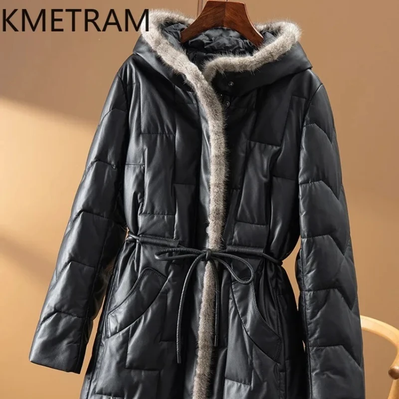 Pufferjacke aus 100 % Schaffell für Damen, hochwertiges echtes Leder, lange Daunenmäntel mit Kapuze, Winterkleidung 2025 Пухок Ж Diego Andreas