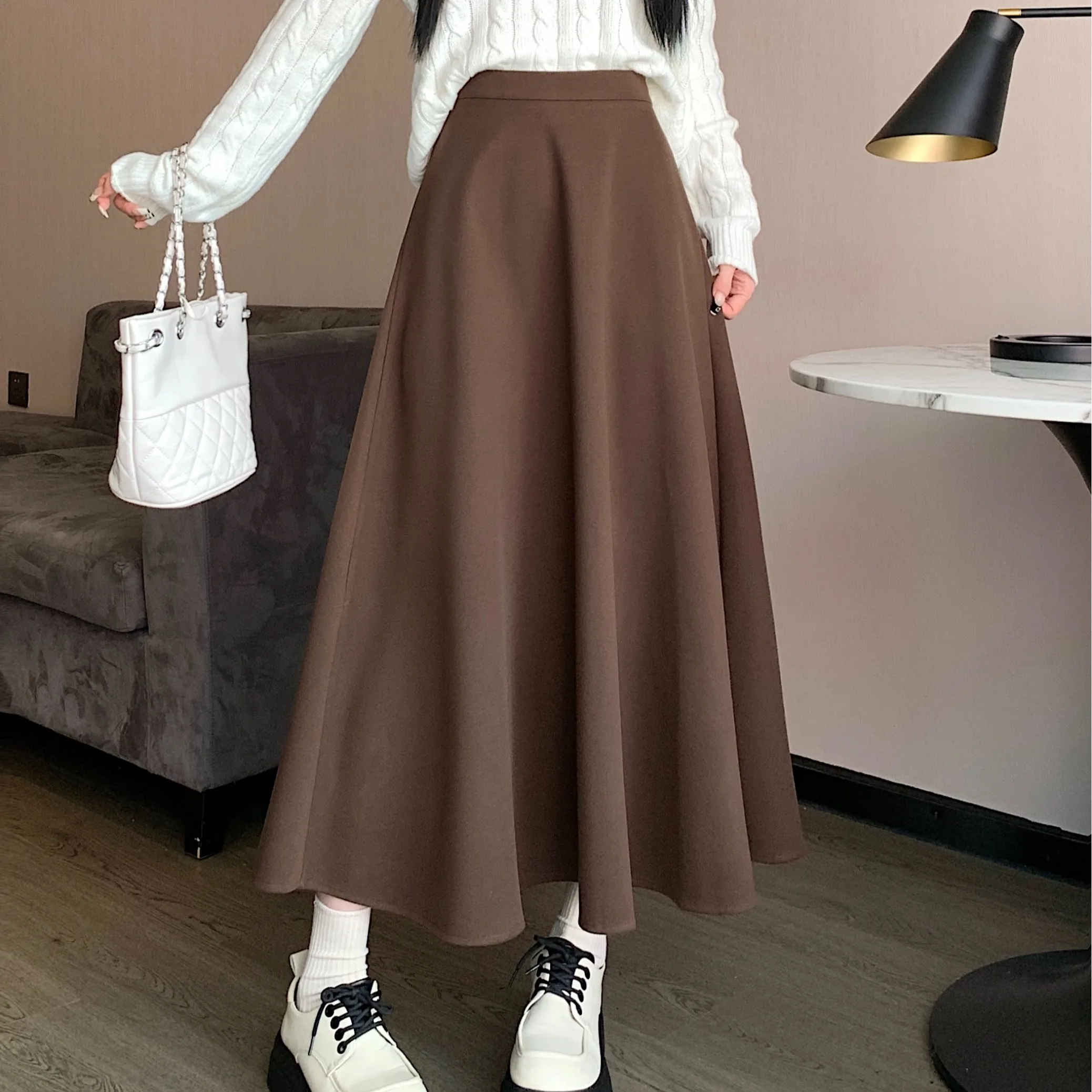 秋冬ロングAラインスカートシンプルウール半身スカートハイウエストミディスカートポリエステル繊維00%レディースファッション