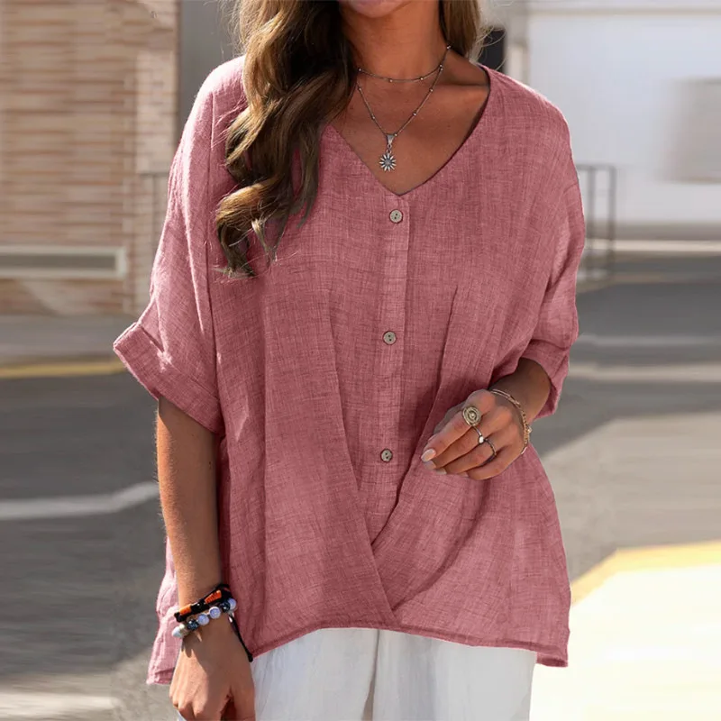 2024 Women's V-neck pullover short sleeve loose shirt casual top