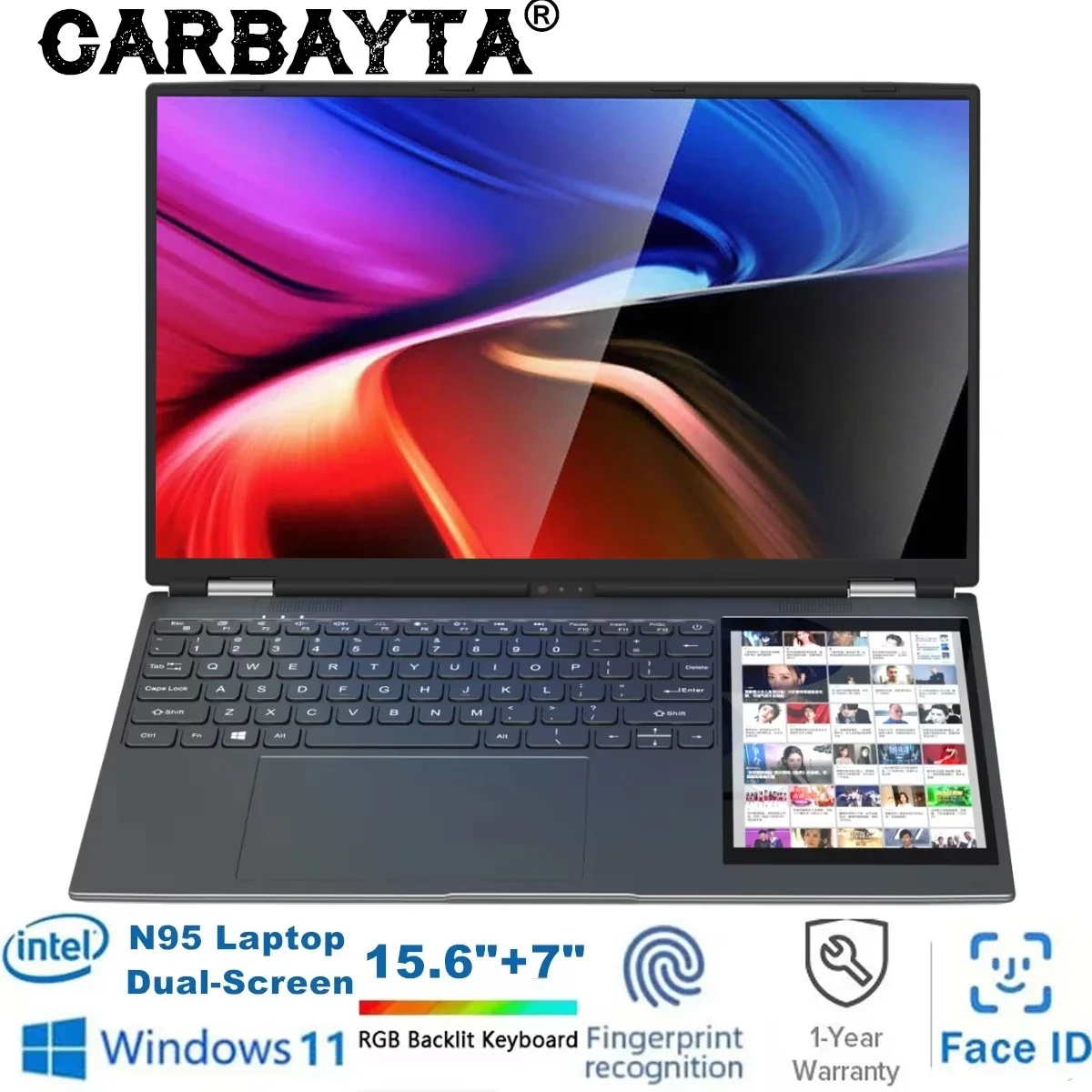 Business Laptop 15.6"+7" Dual Screen Computer, Intel N95 32GB/16GB DDR4 RAM, RGB Backlit Keyboard 7" Touch Screen Notebook PC