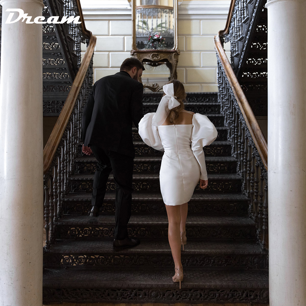 DREAM Abito da sposa micro in raso con maniche lunghe a palloncino personalizzato Semplice collo quadrato sopra il ginocchio Abiti da sposa retrò di lunghezza mini 2025