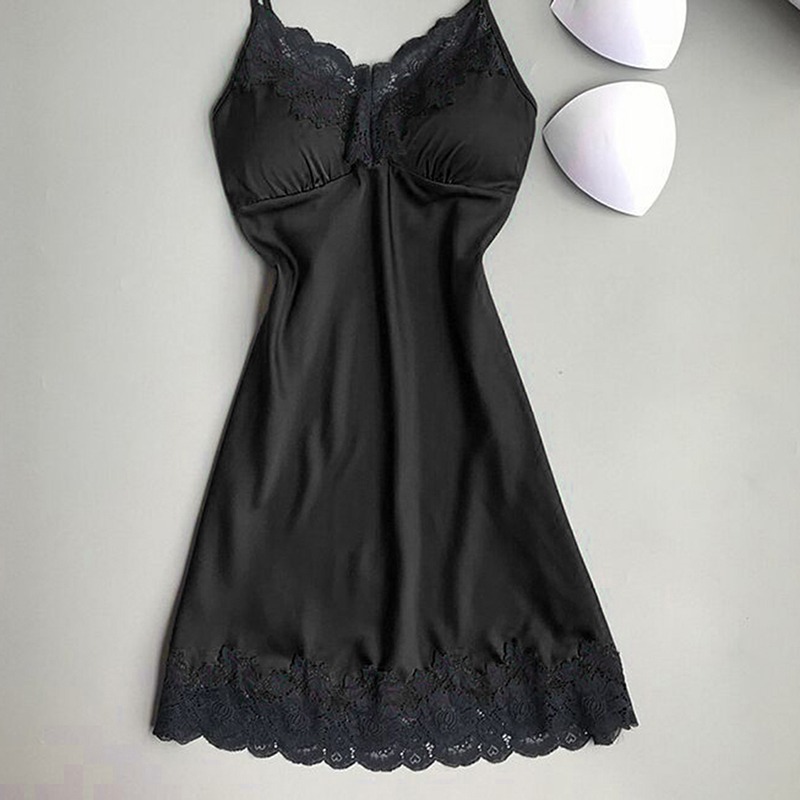 Vestido noturno sexy de seda feminino com peito, mini vestido com retalho de renda, pijamas com alça de espaguete, lingerie feminina, verão