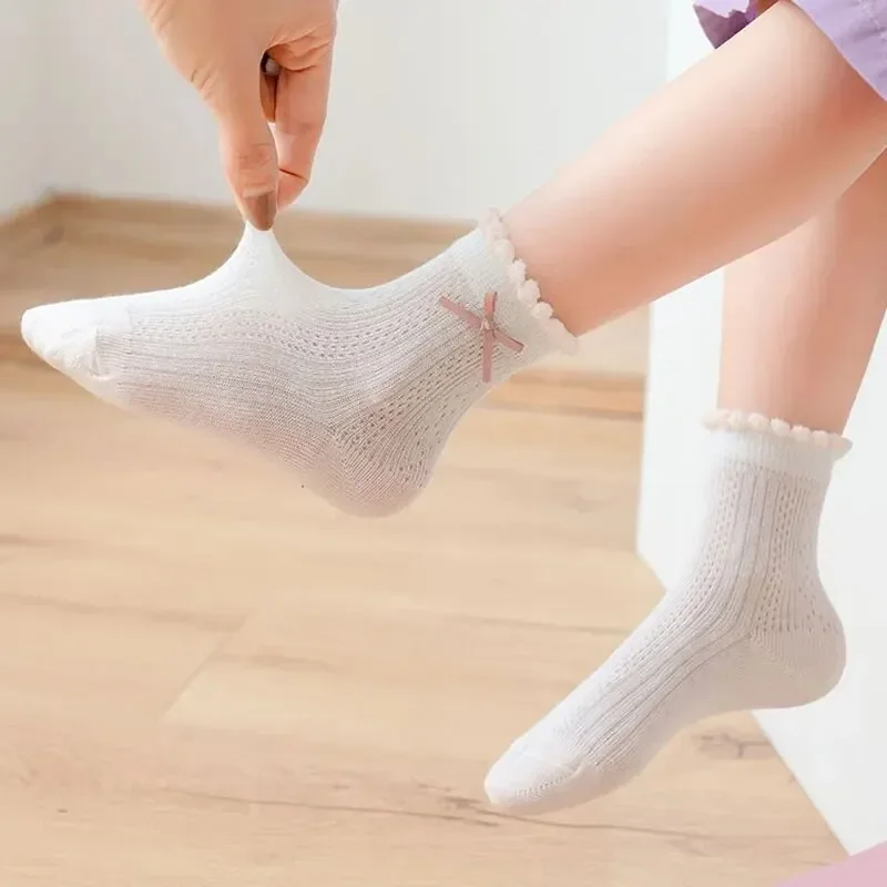 5 par/lote de calcetines bonitos para niños y niñas, calcetines de algodón liso de princesa para niños, calcetines informales de malla fina con dibujos de flores para verano