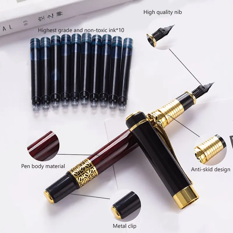 ปากกาหมึกซึมหมึกโลหะ530สีทองไม้มะฮอกกานีแกะสลักเป็นทางการสุดหรูเครื่องใช้สำนักงานของนักเรียนโรงเรียนปากกาเจลใหม่