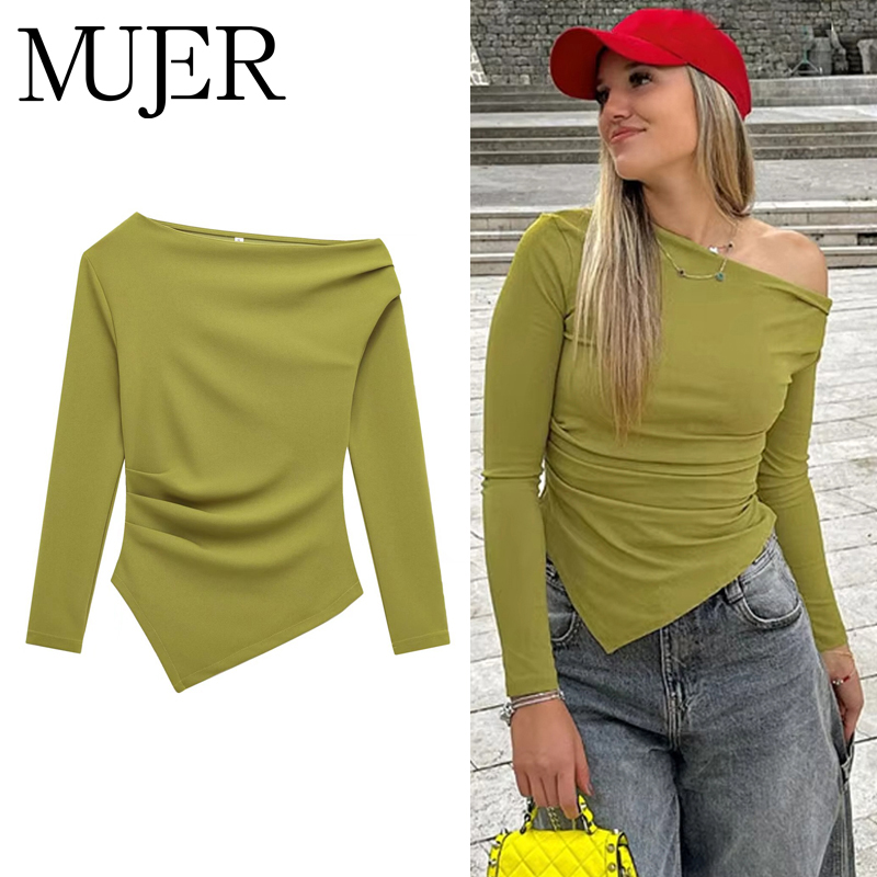 MUJER Asymmetrisches Top für Damen, gerüscht, lässige Blusen, Damen, 2025, schulterfrei, Bustier-Tops, langärmelig, Frühlingsblusen für Damen