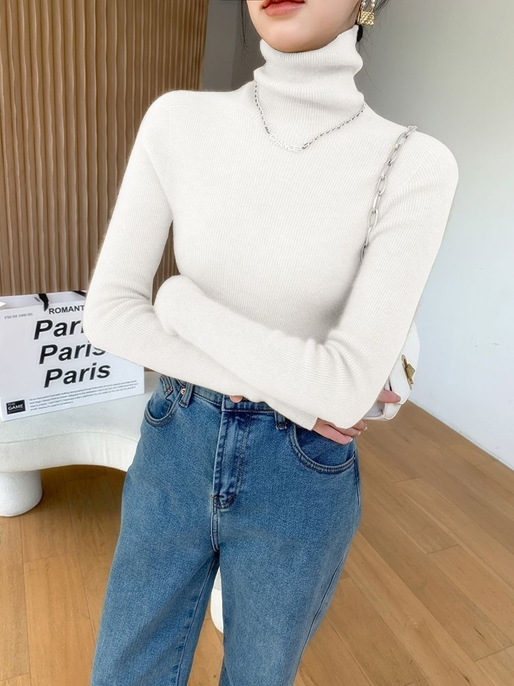 2024 Korean Style Turtleneck Long Sleeve Pullover Fashion Soft Warm Basic Sweater Women's Autumn Winter Slim Solid Knitwear Tops