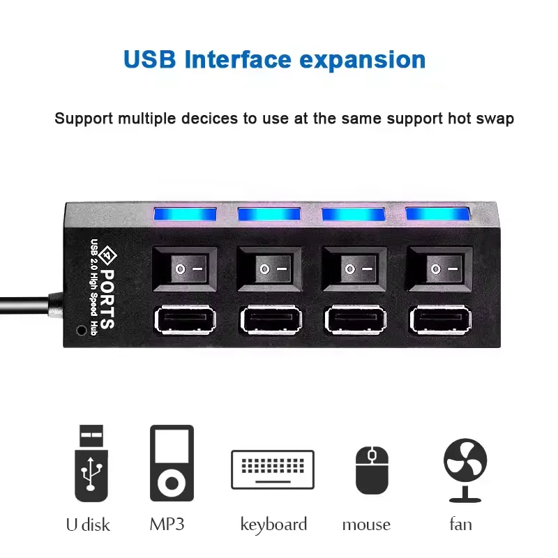 Divisor de concentrador USB con interruptor Individual, divisor de puerto USB de 4/7, adaptador USB de interruptor Individual, enchufe multipuerto alimentado por encendido/apagado