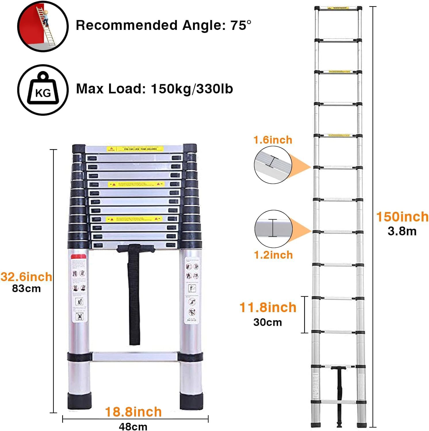 Scala telescopica DayPlus con gradini retrattili, impalcatura pieghevole per scala domestica in alluminio, capacità di carico 150 kg (3,8 m/12,5 piedi)