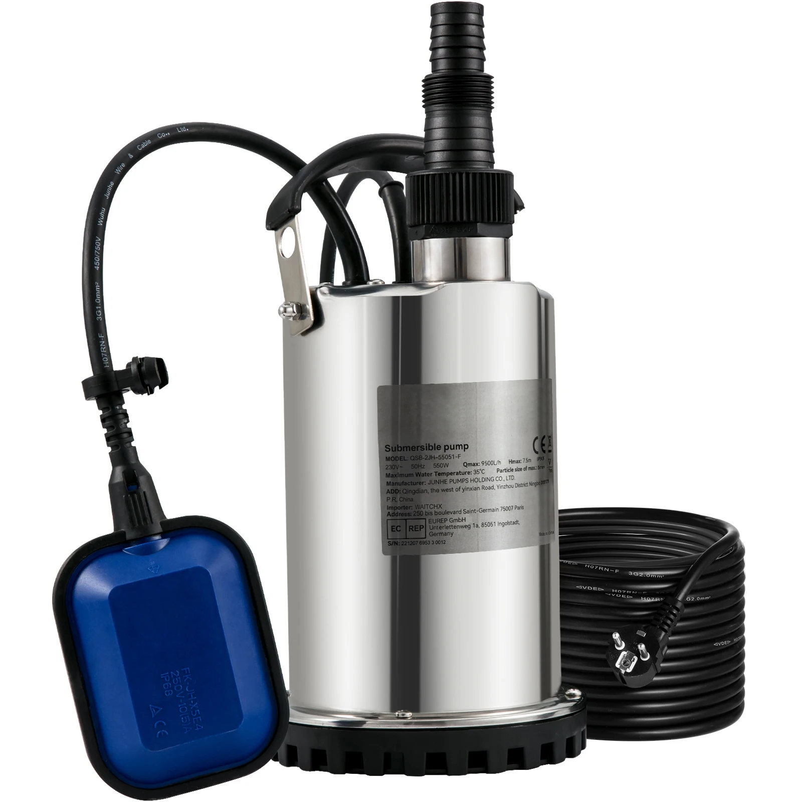 SucceBuy Abwasserpumpe Tauchpumpe Wasserpumpe 550 W – 2200 W zum Pumpen von Wasser von Schwimmbädern, Keldern und Whirlpools