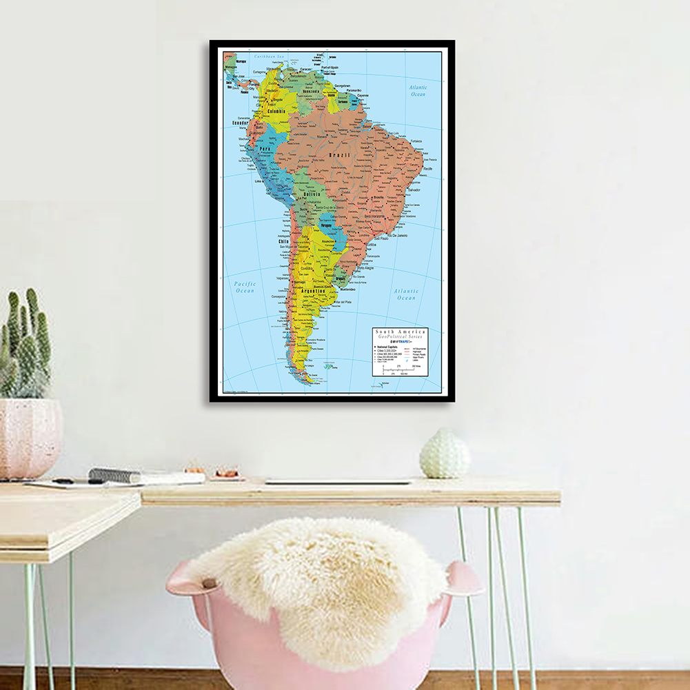 De Zuid-Amerikaanse Kaart Muur Kunst Poster Spuiten Canvas Schilderij Reisschoolbenodigdheden Woonkamer Interieur 42*59Cm