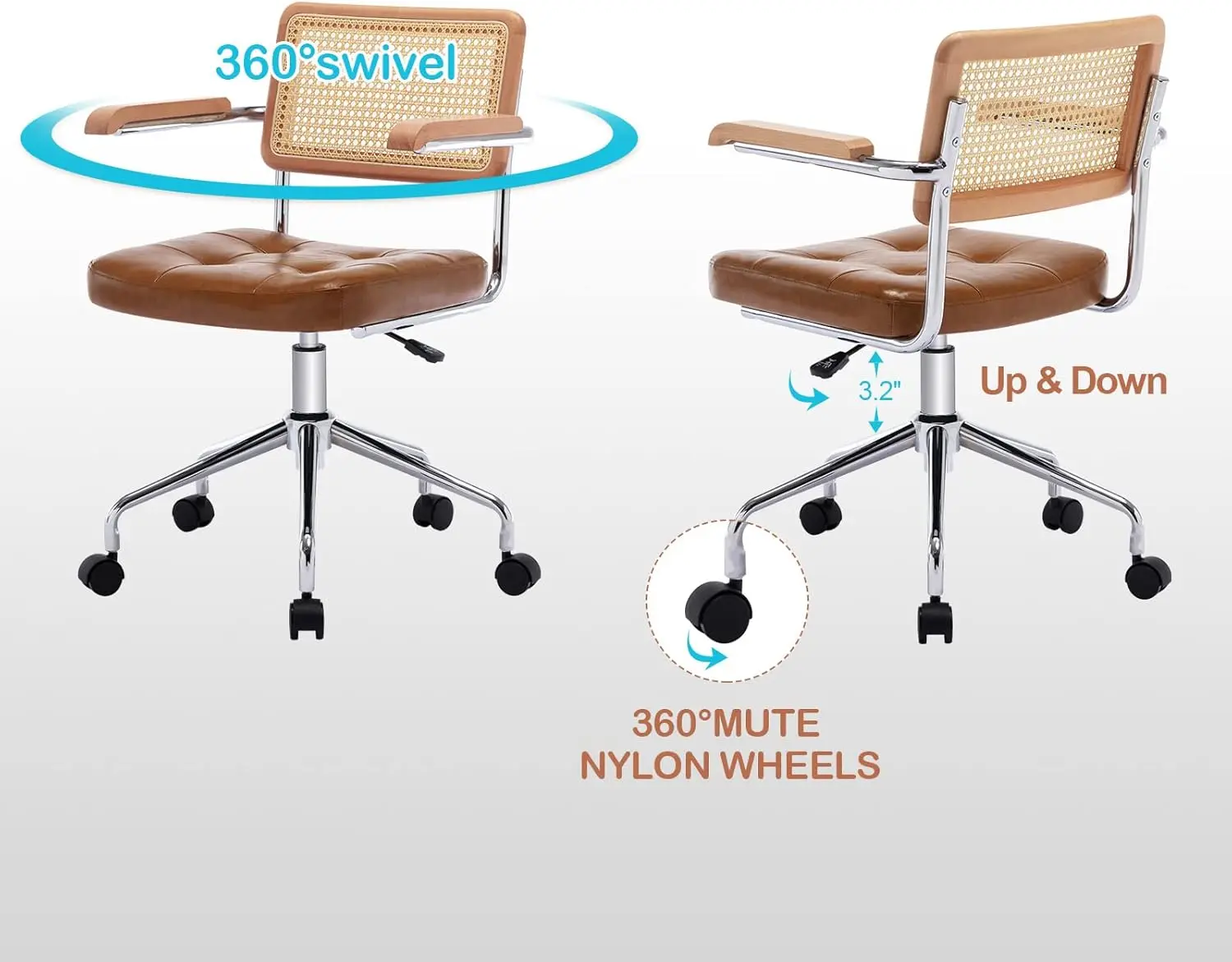 Cadeira moderna de escritório para casa, cadeira de mesa de couro com encosto de vime natural, ventilador para meninas e mulheres. Cadeira de trabalho para computador com altura ajustável
