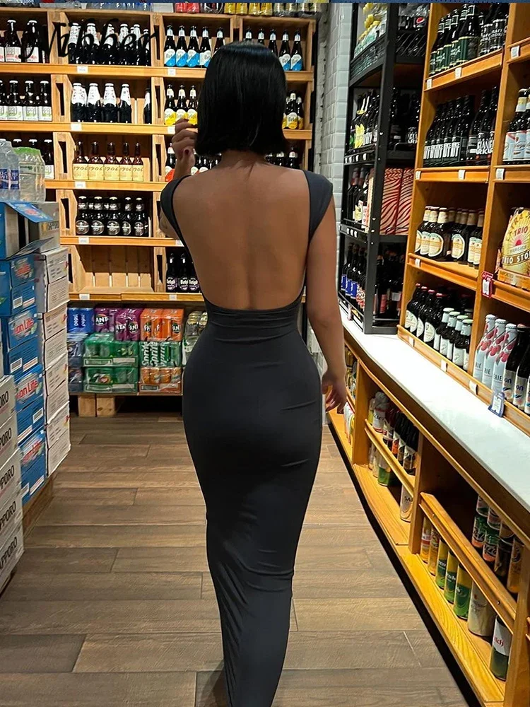 Nibberเซ็กซี่Backless Maxiชุดผู้หญิงElegant Elastic Slimแขนสั้นชุดยาวหญิงBodycon Streetwearเสื้อผ้า