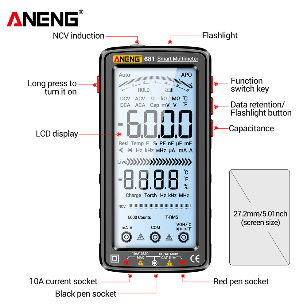 ANENG 681 デジタルマルチメータプロフェッショナル充電式 AC/DC 電圧非接触電圧テスターメーター LCD スクリーン電流テスター