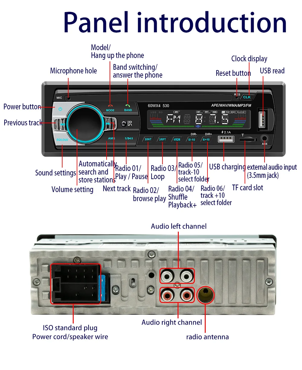 BQCC 1din 범용 자동차 라디오 MP3 플레이어, FM, BT, AUX, USB, 휴대폰 충전, 7 색 조명, 폭스바겐, BMW, 기아, 포드용 자동차 스테레오