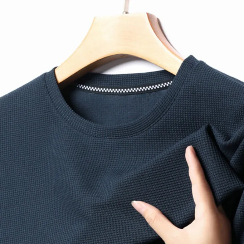 Koszulka polo z krótkim rękawem Koszulka polo z krótkim rękawem Waffle Solid Polot moda łączenie męska koszulka z okrągłym dekoltem bawełniana codzienna koszulka z krótkim rękawem