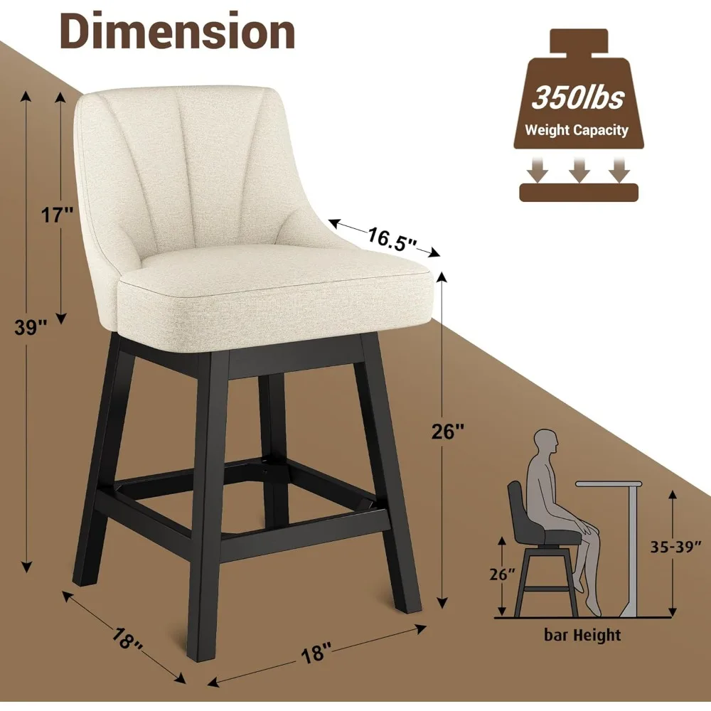 Swivel Bar Stools with Backs, 26" Counter Height Bar Stools Set of 2, Linen Fabric Extra Upholstered Counter Barstools with Squa