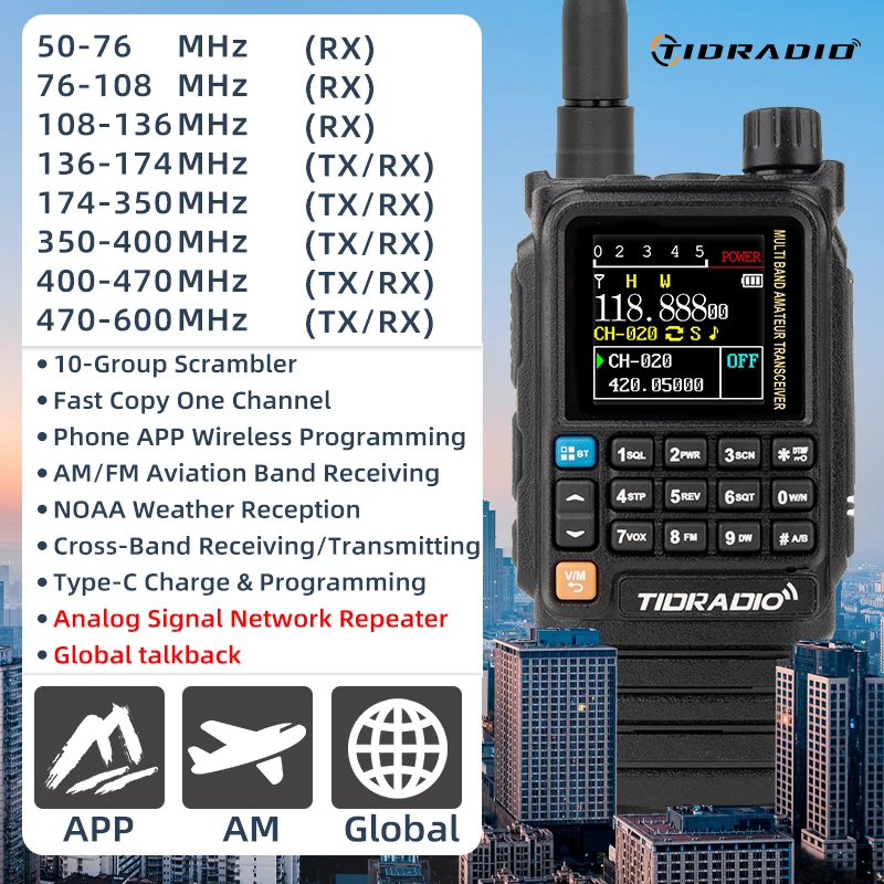 Repetidor Walkie Talkie Global TIDRADIO H3 Plus, funciones Bluetooth mejoradas, banda aérea, Radio de largo alcance, programación inalámbrica