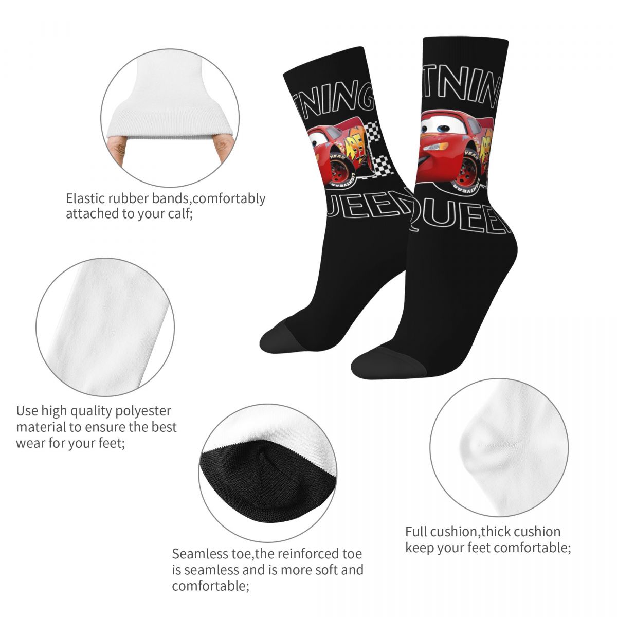 Meias góticas respiráveis Lightning Mcqueen masculinas, meias com acabamento gráfico, design antiderrapante, meias de skate para outono, adultos