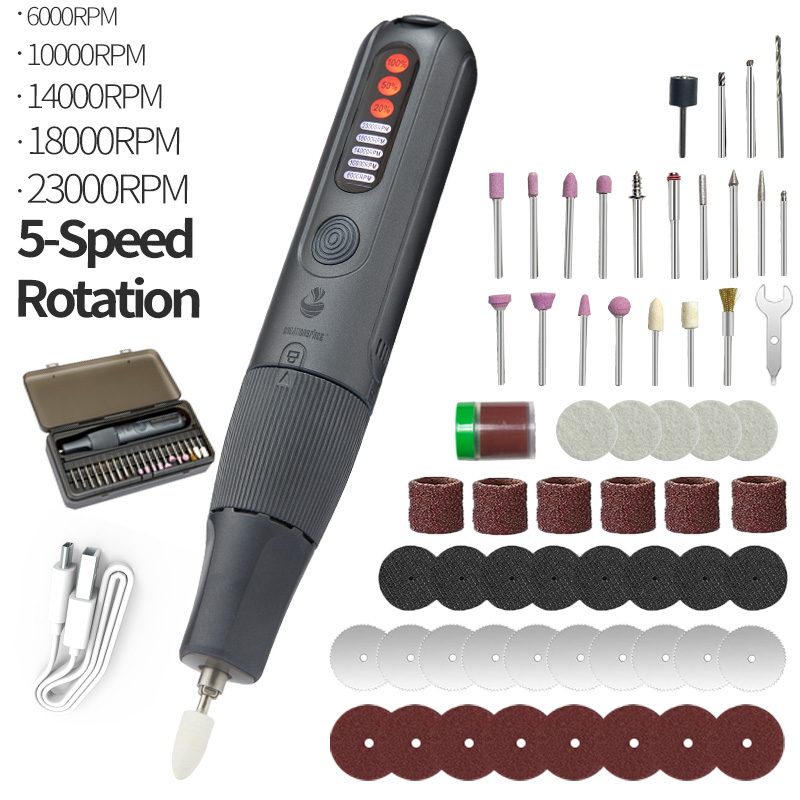 Kit de herramientas rotativas inalámbrico, bolígrafo de grabado eléctrico de 8 V con 56 accesorios en caja de herramientas plegable de 2 capas, potencia recargable de 5 velocidades R