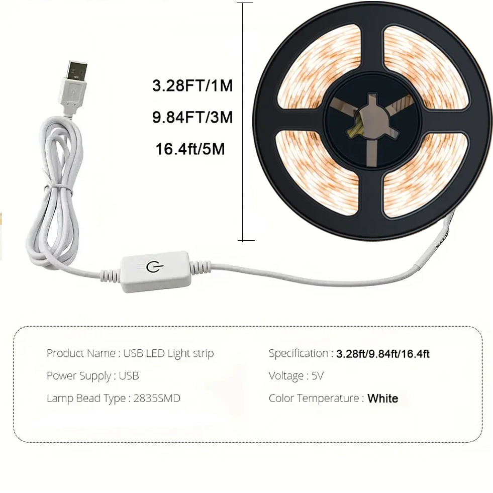 5V LED Lights Strip 2835 Touch Switch Dimmer USB LED Tape Ribbon Flexible DIY Backlight Mirror Christmas Cabinet Room Decor Gift