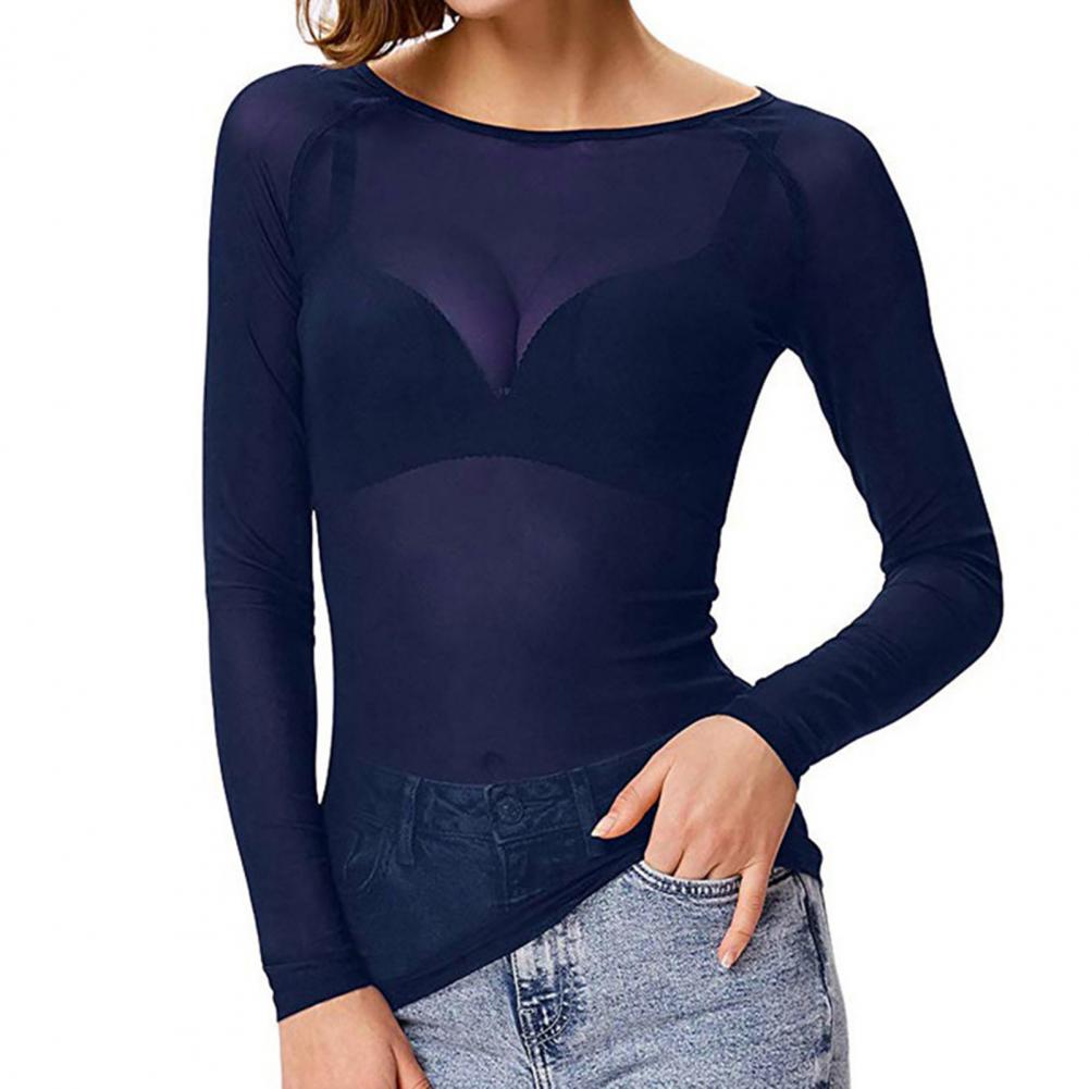 セクシーな女性 Tシャツシースルーメッシュ黒長袖ボディスーツ薄手のスリムタートルネックチュールクロップトップ Tシャツ透明クラブウェア