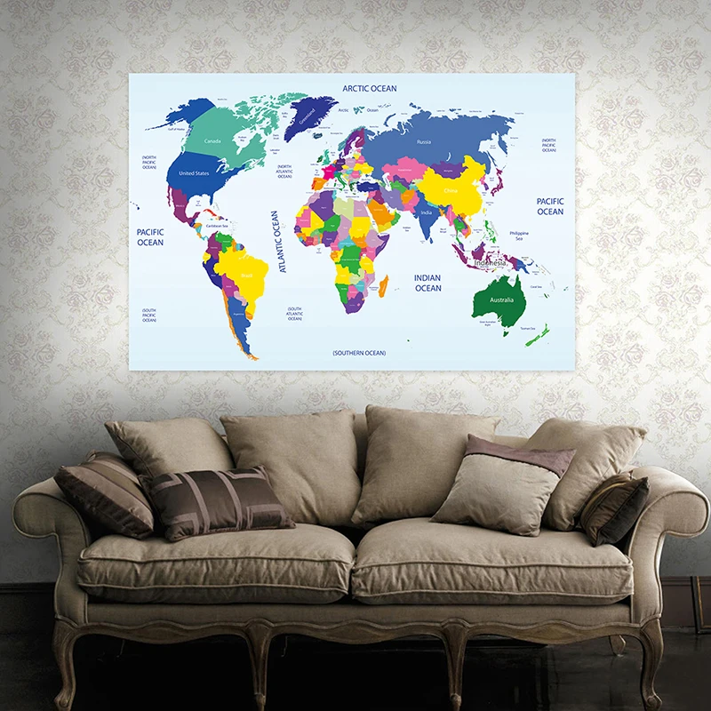 Kolorowa włókninowa mapa świata 150x100cm mapa z płytą kraju duży rozmiar naklejka ścienna plakat do biura szkoła edukacja dekoracje ścienne