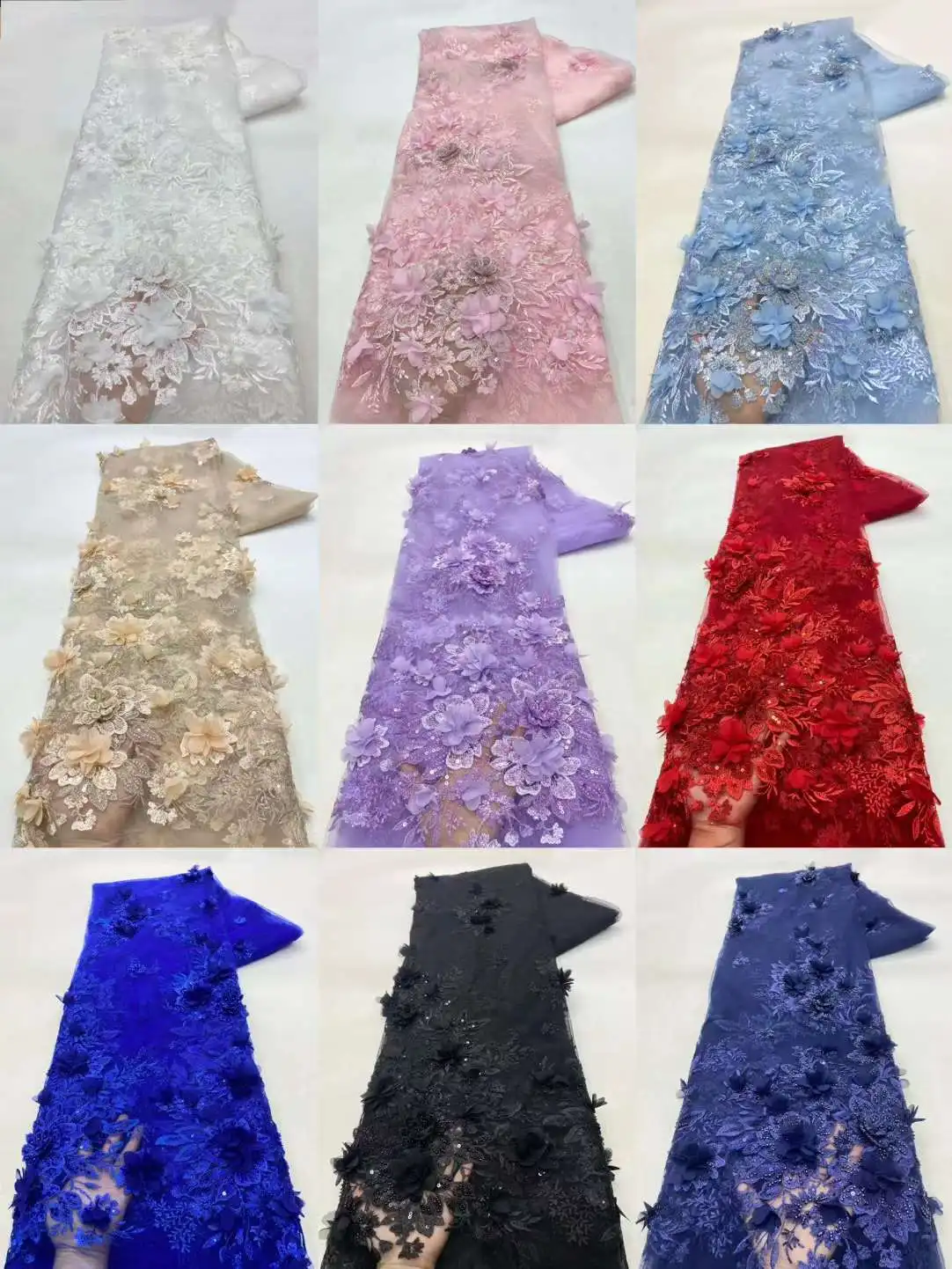 アフリカの3D花で刺繍されたレース生地,フランスのメッシュ,キラキラのスパンコール,ナイジェリアのチュール,パーティードレス,最新