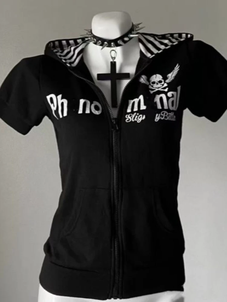 Cárdigan con cremallera y estampado de calavera subcultura Y2K para mujer, Sudadera con capucha a rayas ajustada de Japón, Tops informales, ropa de calle de moda