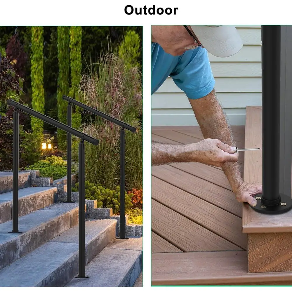 2 Pack Outdoor Stair Handrails 2 or 3 Step Stairs Adjustable Wrought Iron Metal Hand Rail Kit Waterproof Durable Easy Install
