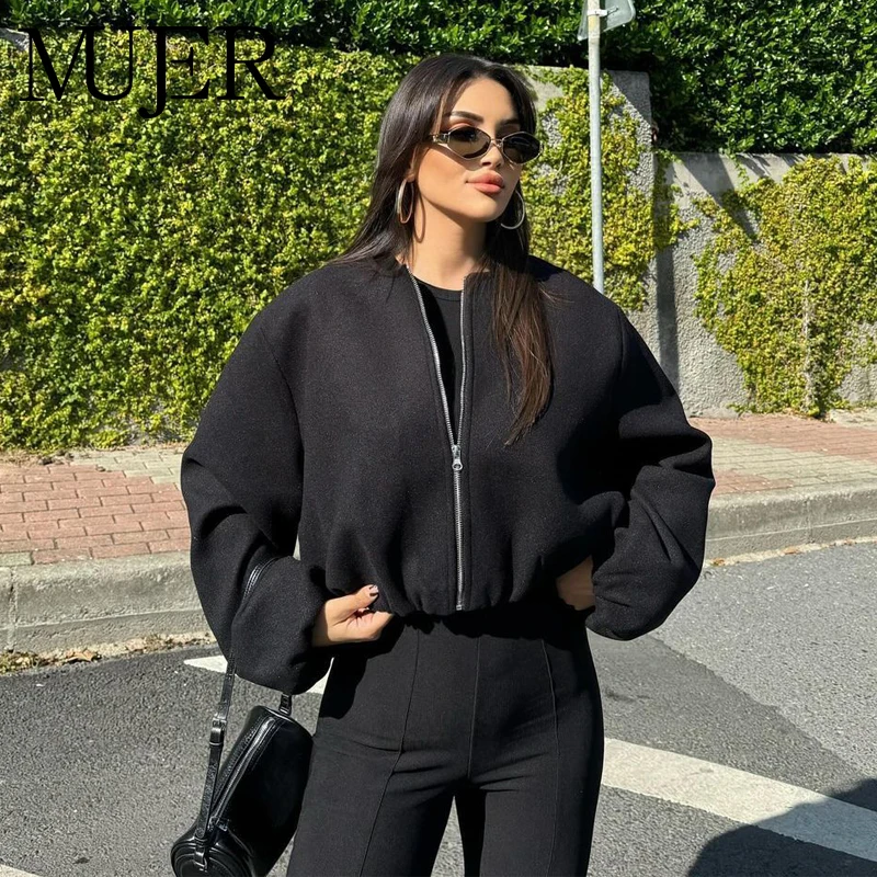 Muyer preto bombardeiro jaquetas para mulheres zíper jaquetas do time do colégio feminino macio recortado jaquetas mulher 2025 manga longa casaco de inverno feminino