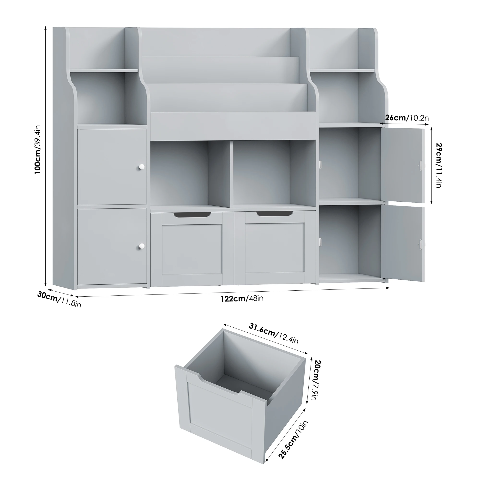 Getone Toy Storage , Childrens Bookcase,Unit 3-tier Kids Bookshelf, Kids Storage with 2 Drawers with Wheels, 4 Doors, 6 Open Shelves,multi-functional toy storage unit122x30x100cm