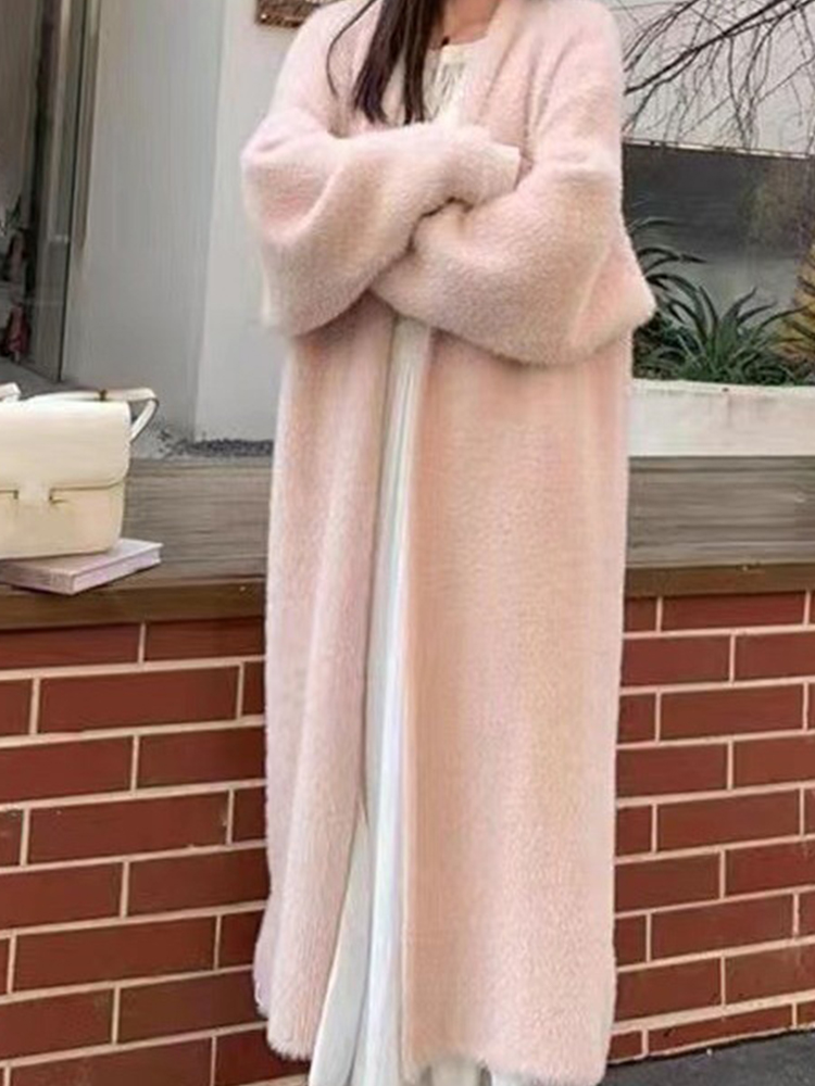 Otoño/Invierno estilo perezoso cálido hasta la rodilla cárdigan grueso para mujer suéter de punto de lana de visón de imitación pura abrigo cálido para mujer