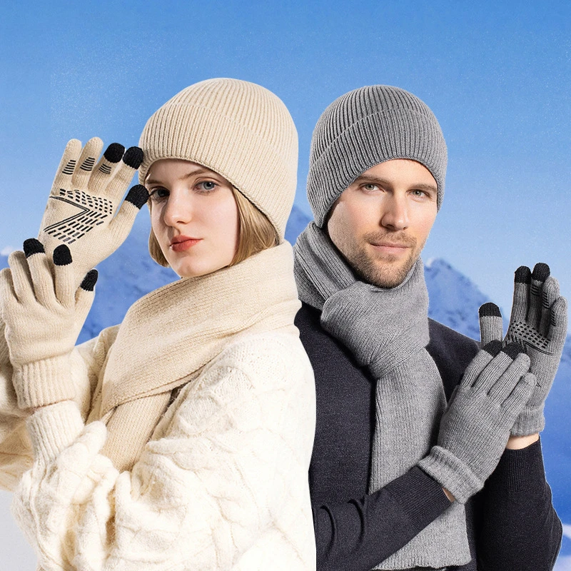 Conjunto de gorro, bufanda y guantes de punto, Combo de ropa diaria Unisex para clima frío, Invierno