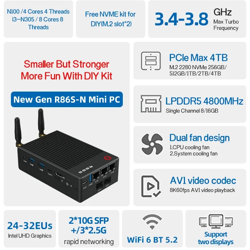 R86S-N100B Firewall Router All in One  Mini PC With  N100/N305 16GB 32GB  Ram 2*10G SFP+ 3*2.5GbE Pfsense Appliance