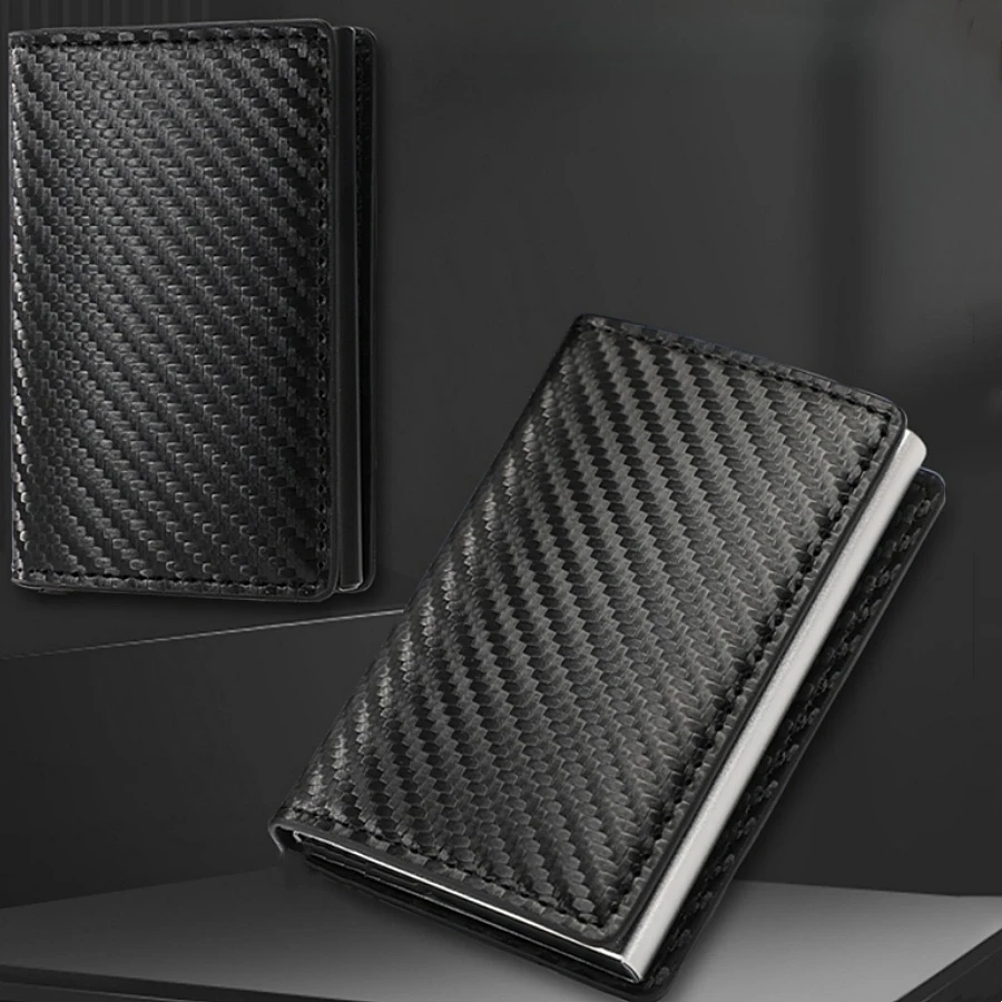 Portafoglio porta carte di credito in fibra di carbonio da uomo Rfid Smart Meral Portafoglio minimalista pop-up sottile e sottile Portafoglio piccolo in metallo nero