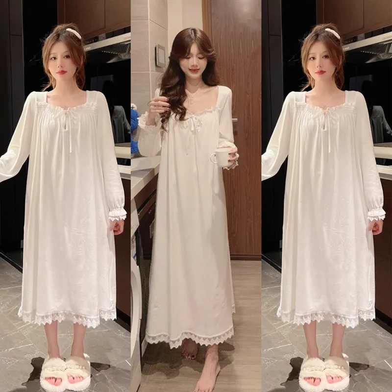 Camisola estilo princesa de manga comprida solta tamanho grande pode ser usada fora da casa usar pijamas femininos de verão renda branca coreia