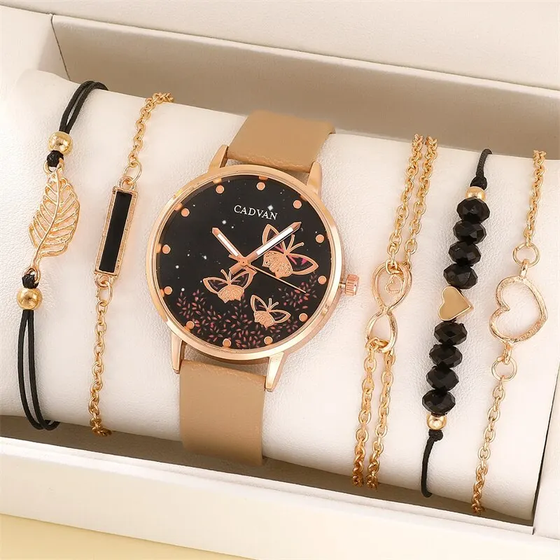 Conjunto de 6 piezas para mujer, relojes de mariposa a la moda, reloj de pulsera analógico informal Simple, regalo de pulsera sin caja